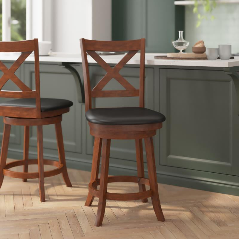 Felicity Wood Crossback Swivel Counter Height Barstool with Upholstered Seat, Black Vinyl/Antique Oak Frame