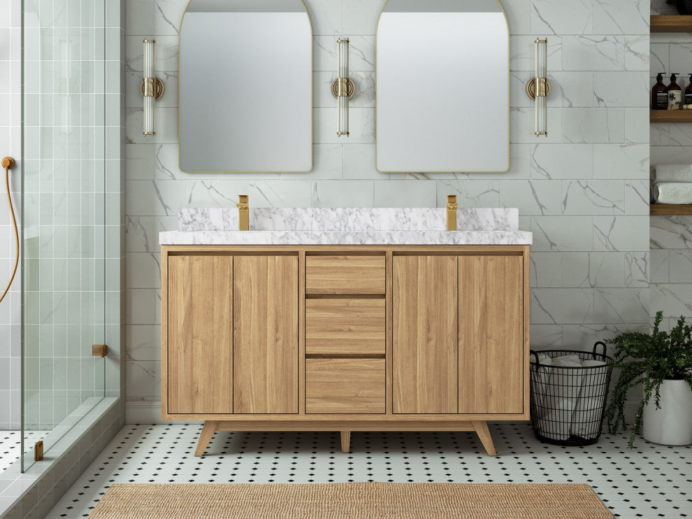 Madison Teak 60 Double Bathroom Vanity in Light Natural 2" Carrara Marble