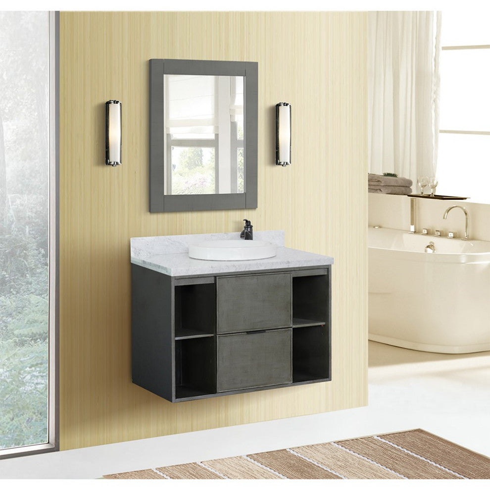 37" Single Wall Mount Vanity, Linen Gray Finish With White Carrara Top