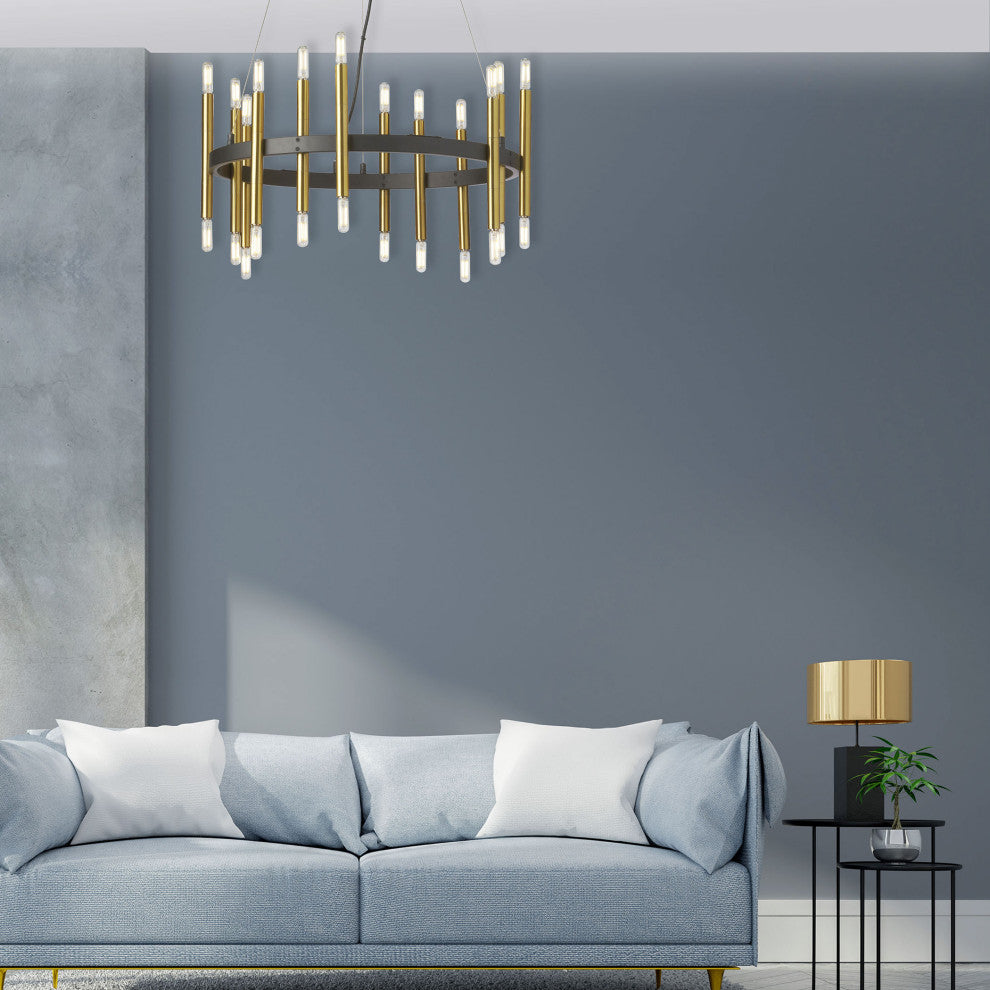 24-Light Transitional Wagon Wheel Chandelier Derry, Matte Black/Aged Brass