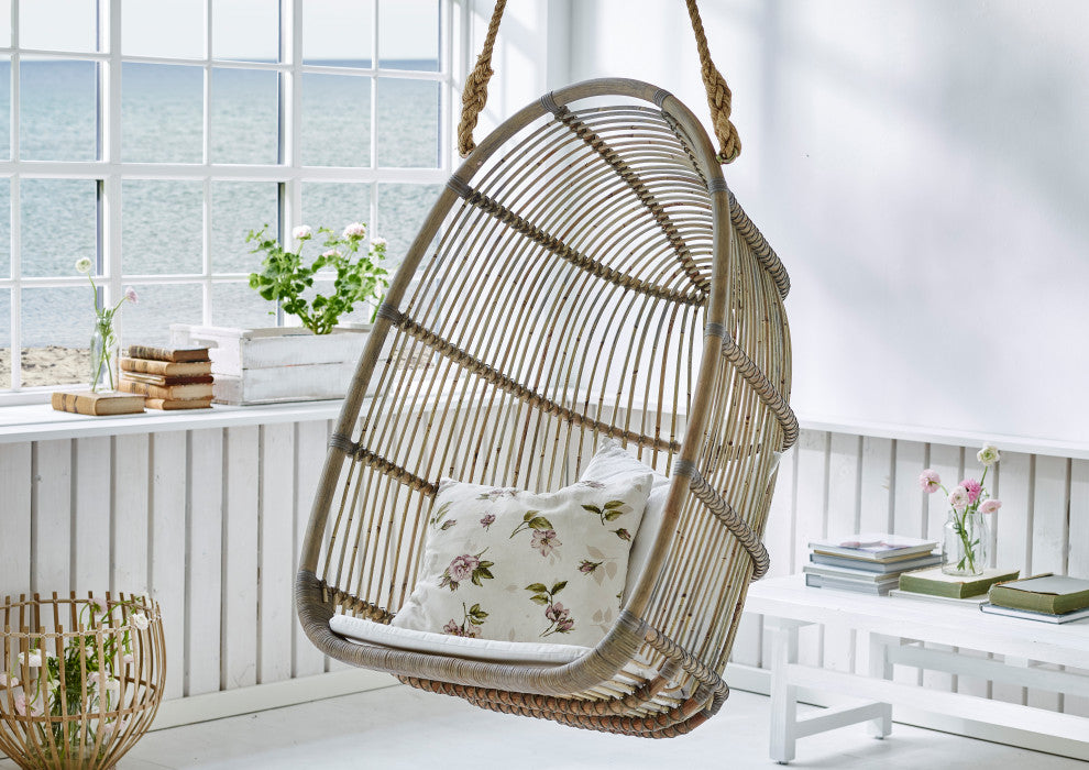 Renoir Rattan Hanging Swing Chair, Taupe Gray, Tempotest White Canvas Cushion