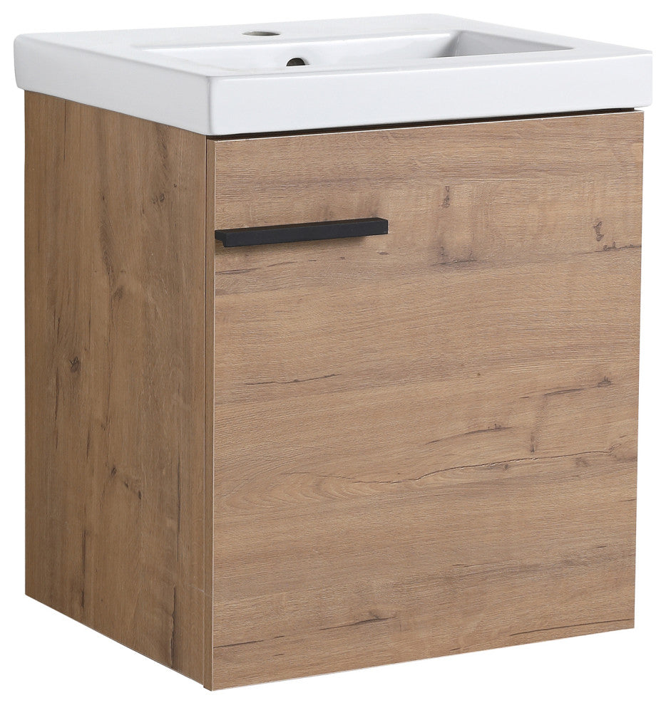 18 in. Wall-Mounted Small Bathroom Vanity With Ceramic Sink, Imitative Oak