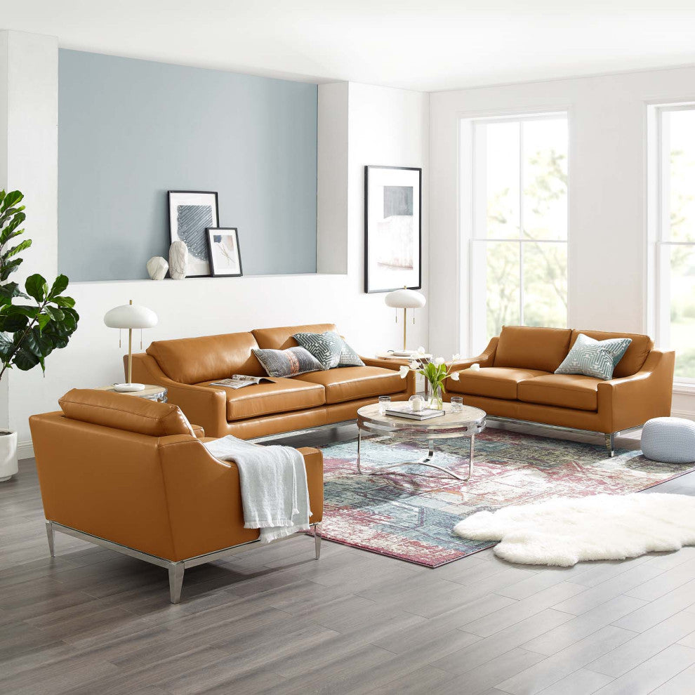 Armchair and Loveseat Sofa Set, Leather, Tan, Modern, Living Lounge Hospitality