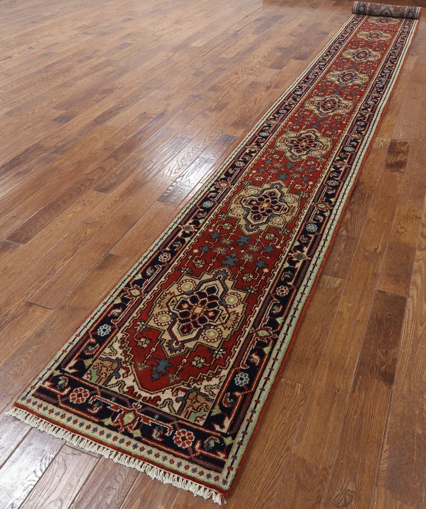 Floral Wool 3'x20' Heriz Serapi Runner Red Hand Knotted Area Rug H9216