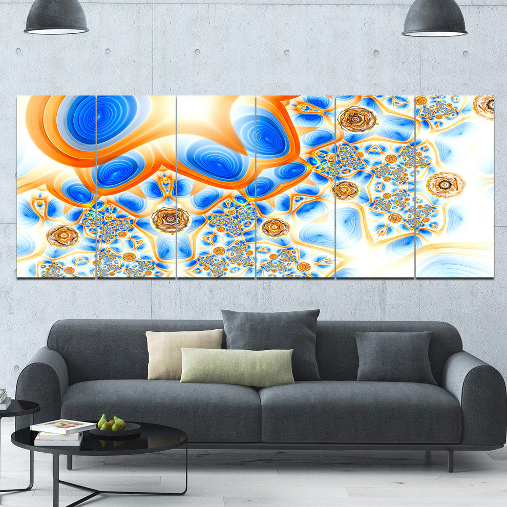 Yellow Blue Exotic Pattern, Abstract Wall Art Canvas, 70"x28", 6 Panels