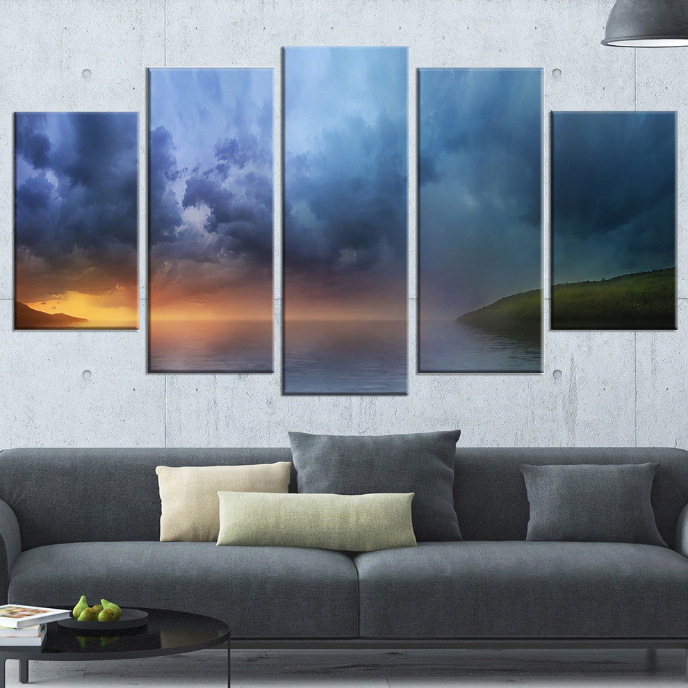 "Dense Blue Clouds Over Lake" Skyscape Canvas Photo Print, 5 Panels, 60"x32"