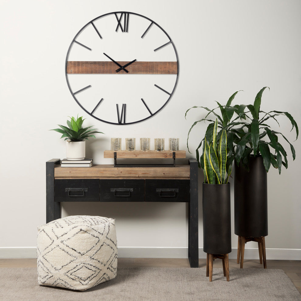 Roman Black Metal and Brown Wood 36" Round Wall Clock