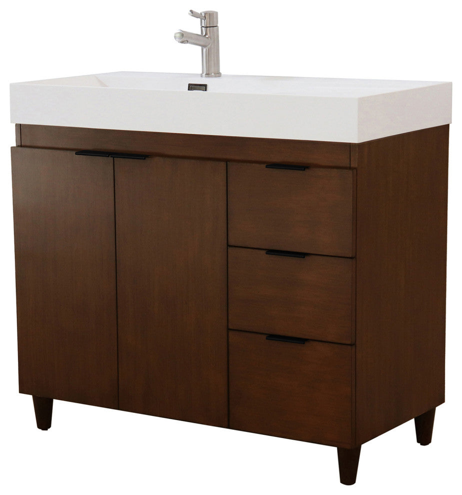 39" Single Sink Vanity, Walnut With White Composite Granite Top