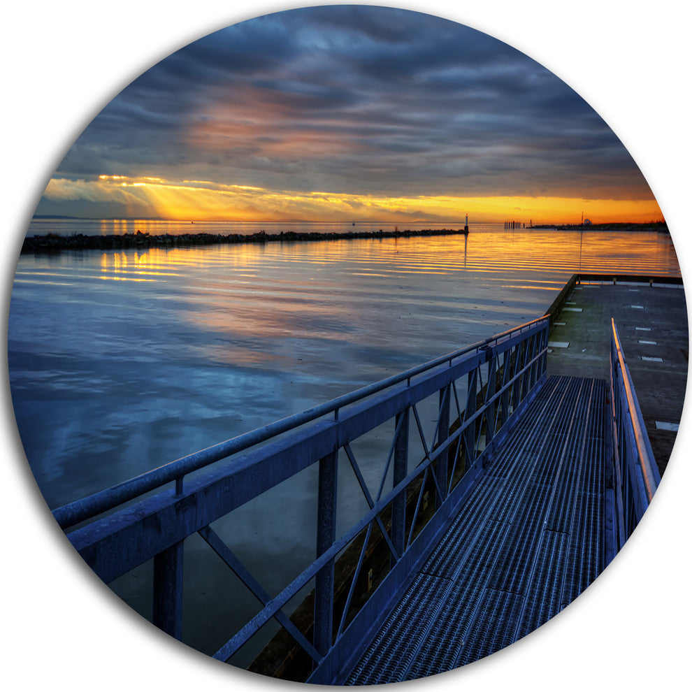 Azure Waters Behind Pier, Seascape Photo Disc Metal Artwork, 11"