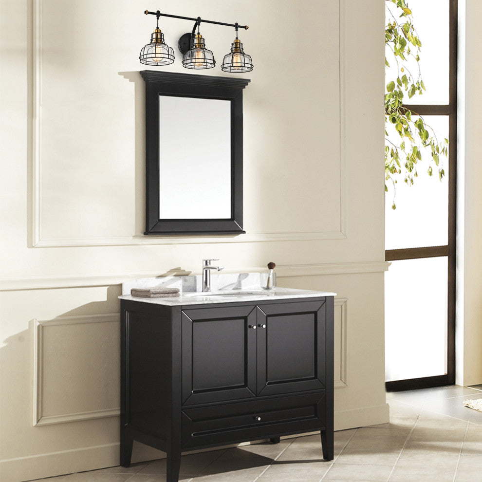 3-Light Black and Antique Gold Vanity With Clear Glass Shades