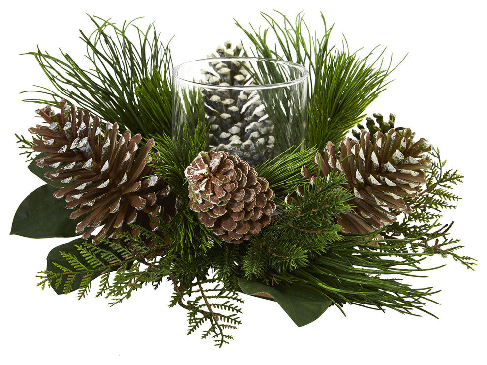 21" Pine Cone and Pine Artificial Arrangement Candelabrum