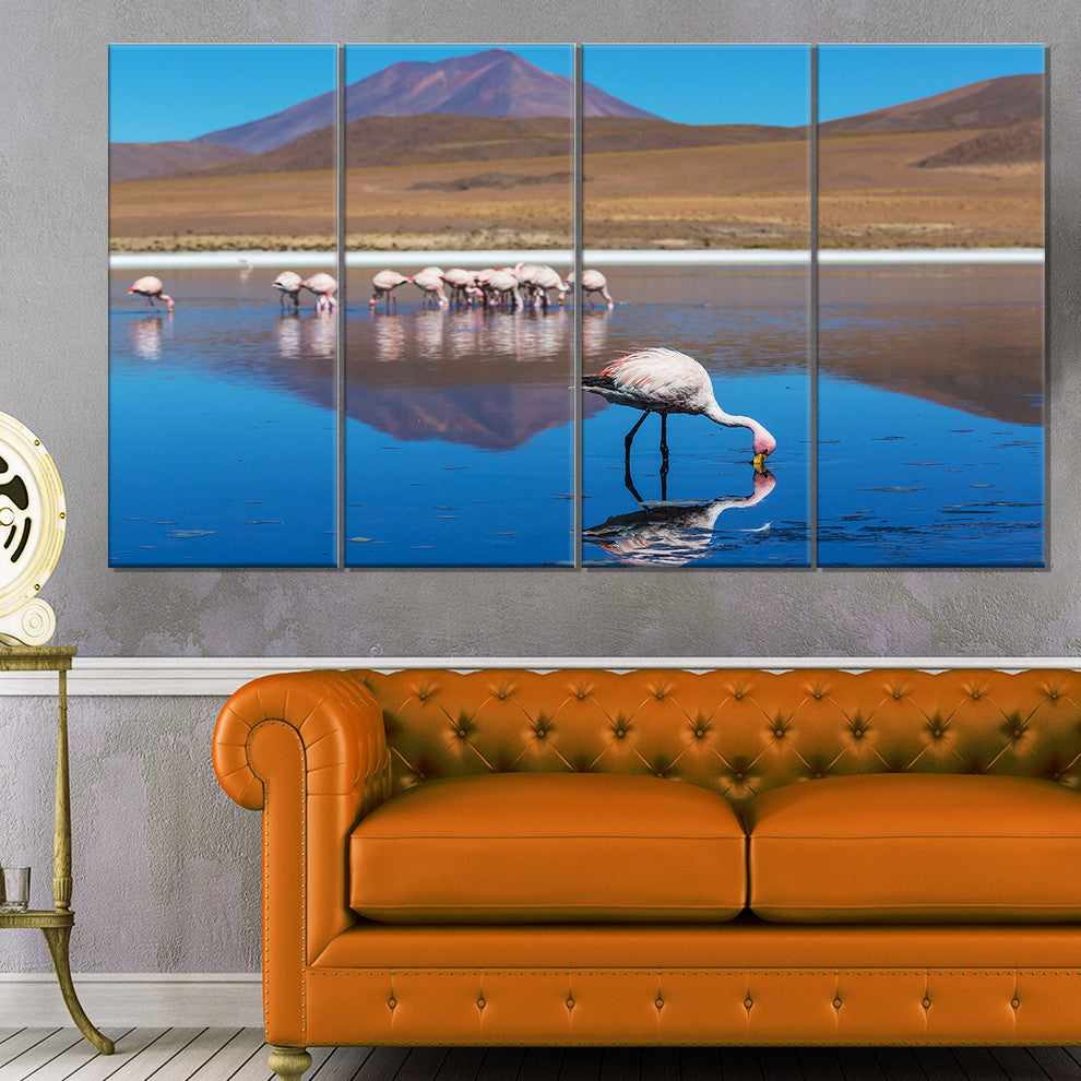 Beautiful Flamingos in Bolivia, African Landscape Canvas Art, 48"x28", 4 Panels