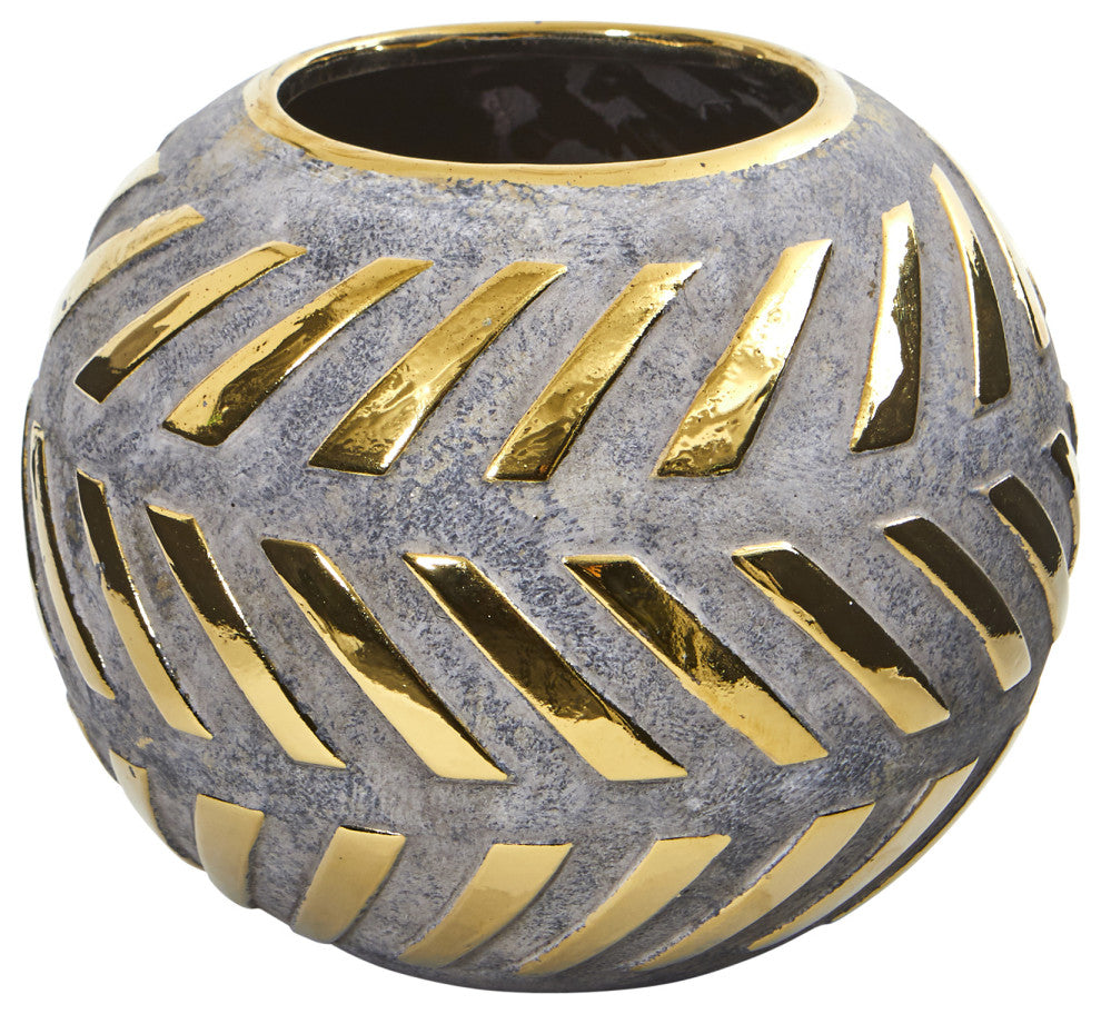 8" Regal Round Stone Vase With Gold Accents