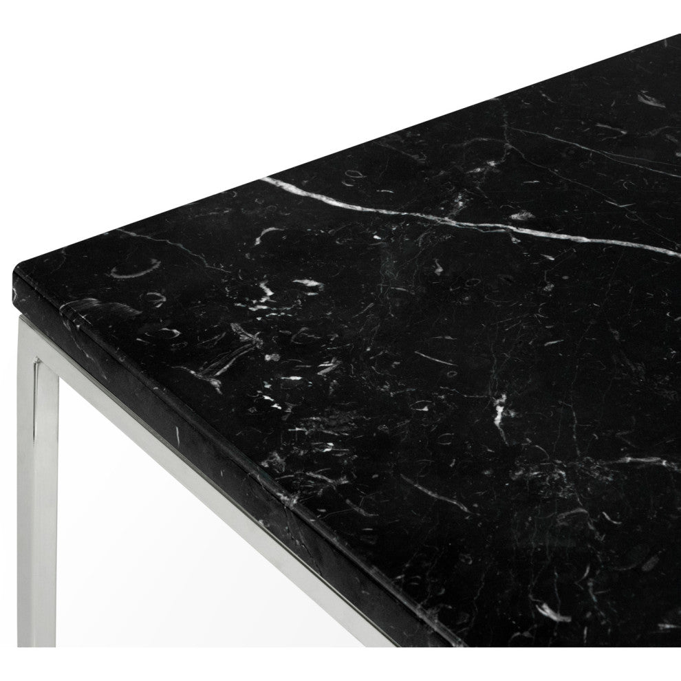 Minimal Modern Cube Marble Top Side Table, Black Marble/Chrome