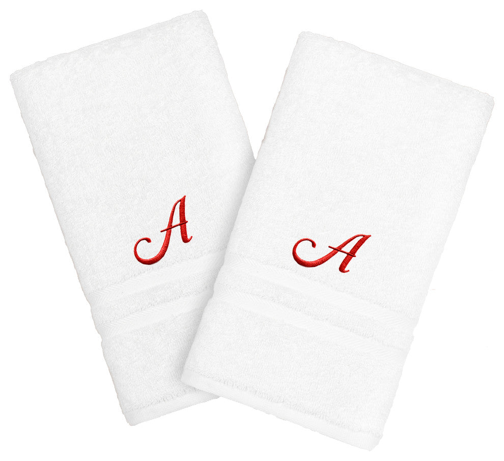 Denzi Hand Towels With Single Letter Red Script Monogram, Set of 2, A