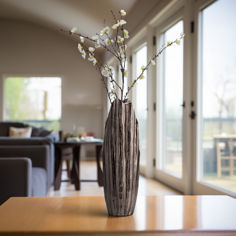 Metal, 20"H, Abstract Ridged Vase, Black Nickel