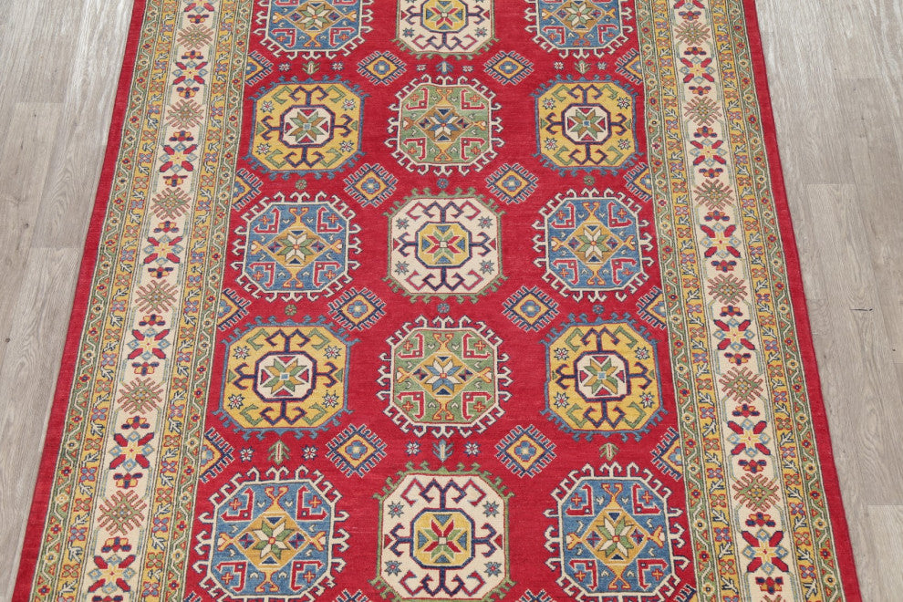 Traditional Oriental Hand-Knotted Pakistani Kazak Area Rug Bordered, 7 X 10 Ft.