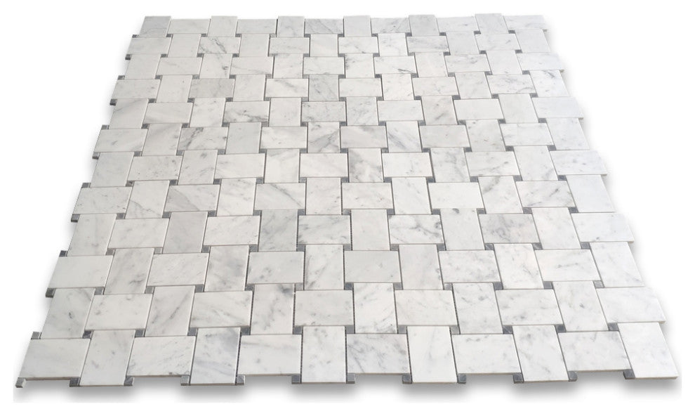 Carrara White Marble Large Basketweave Tile Bardiglio Gray Dots Polish, 1 sheet