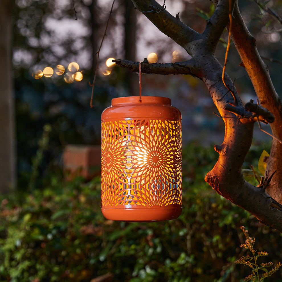 8.75"H Orange Metal Cutout Solar Powered  Lantern