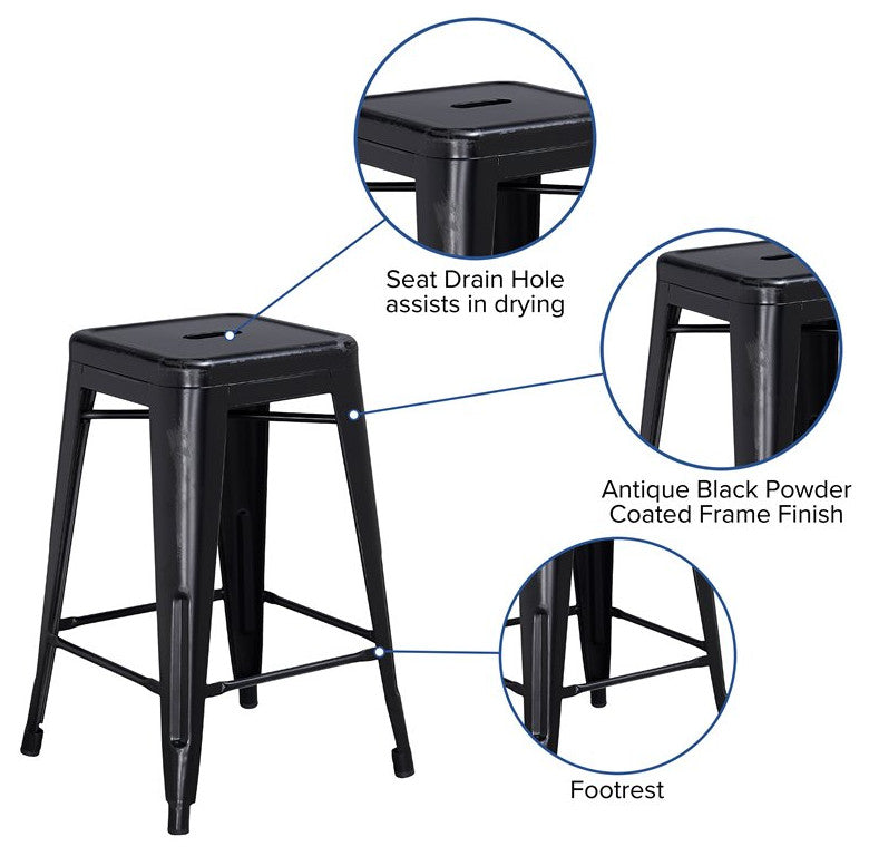 24'' Backless Distressed Metal Indoor Counter Height Stool, Black, 16"x16"