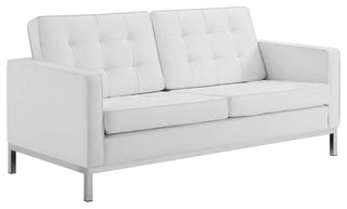Loft Tufted Upholstered Faux Leather Loveseat Silver White