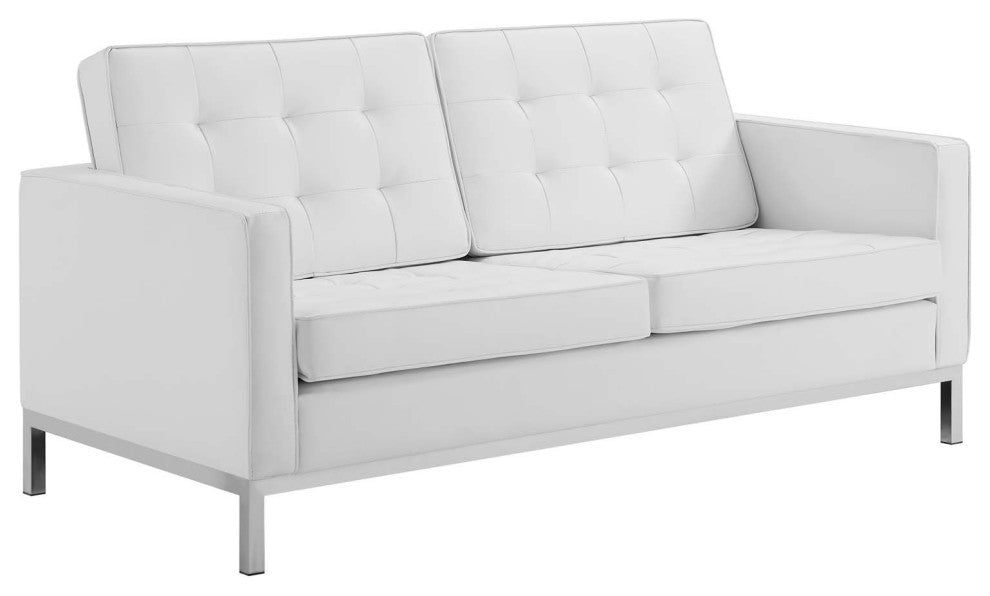 Loft Tufted Upholstered Faux Leather Loveseat Silver White