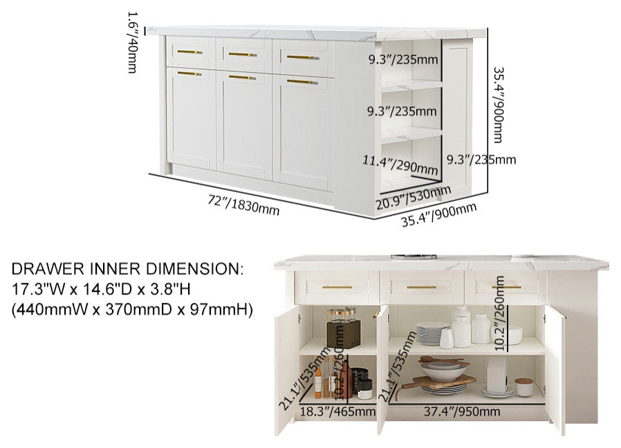 72" Large White Kitchen Island With Storage Modern Kitchen Cabinet, White, Laminate