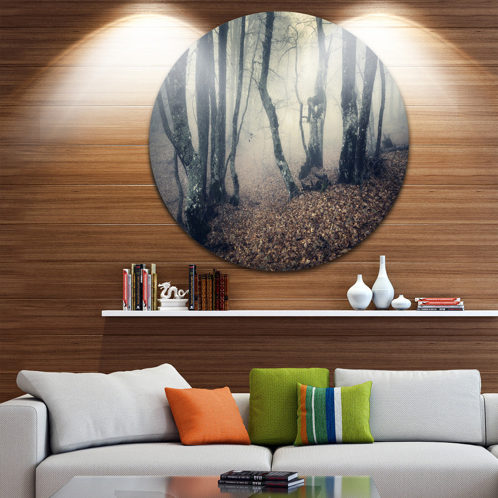 Mystical Yellow Fog In Fall Forest, Landscape Disc Metal Wall Art, 11"