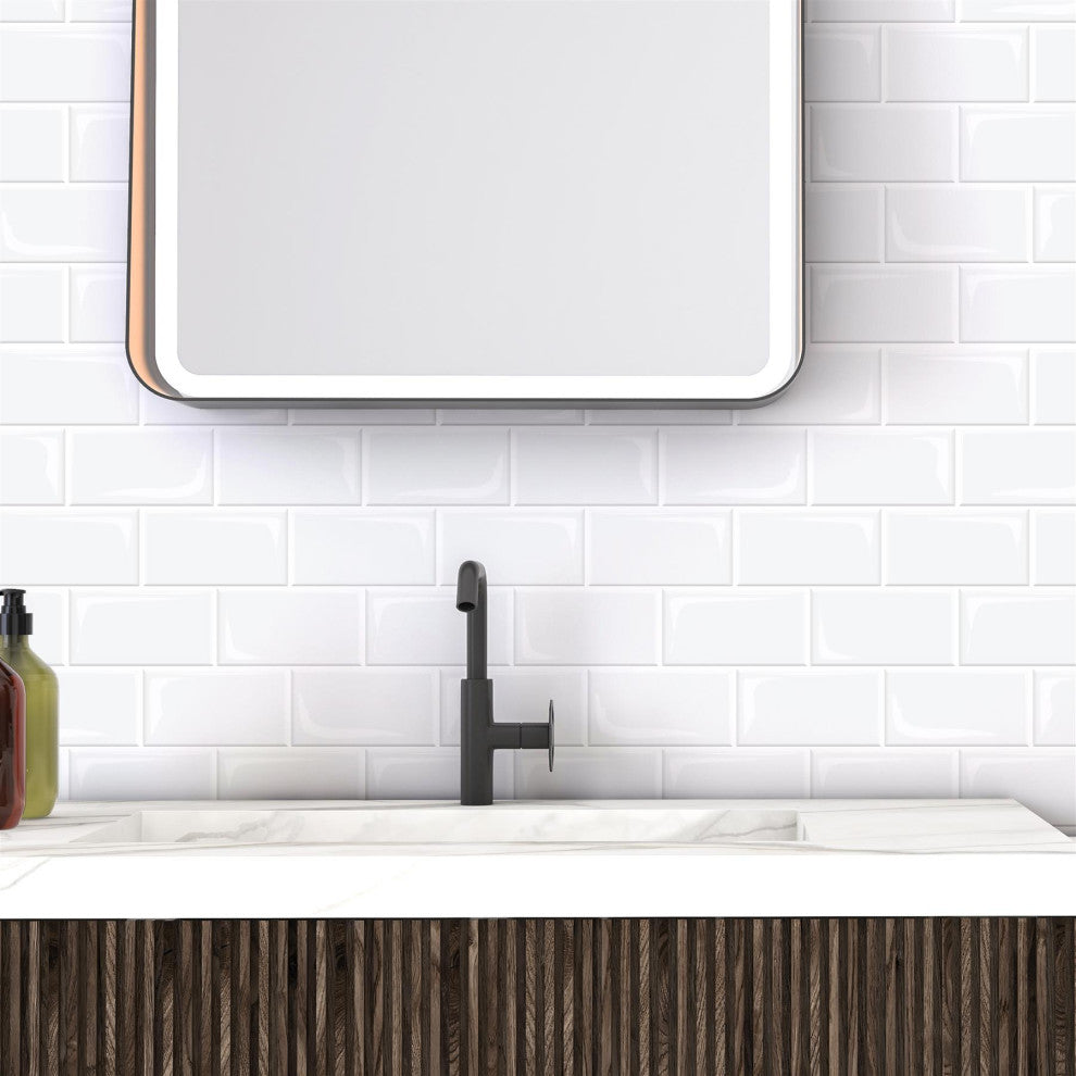 Pure White Glossy Subway Metro Classic Brick 3D Tile Sticker, 12"x6", Set of 20
