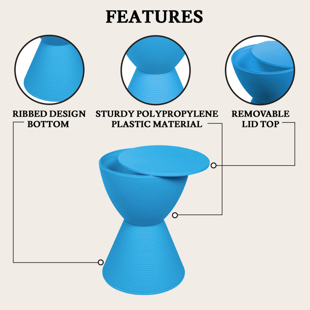 Round Side Table in ABS Plastic Ribbed Design End Table with Removable Lid, Blue