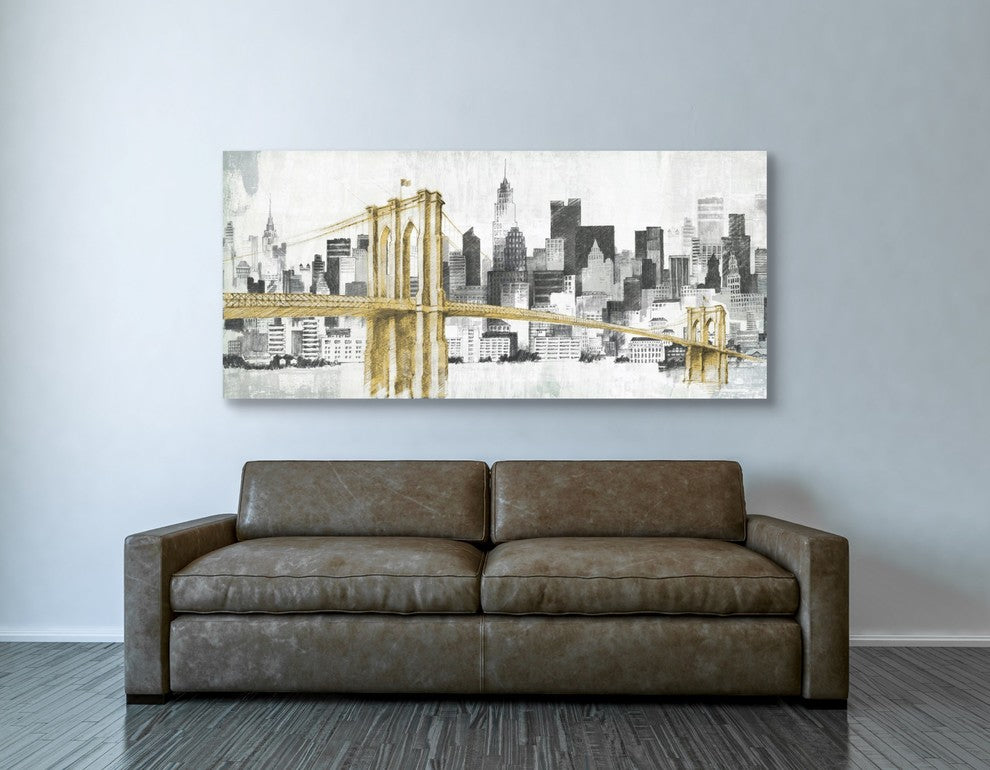 Epic Graffiti "New York Skyline I Yellow Bridge" Giclee Canvas Wall Art, 30"x60"
