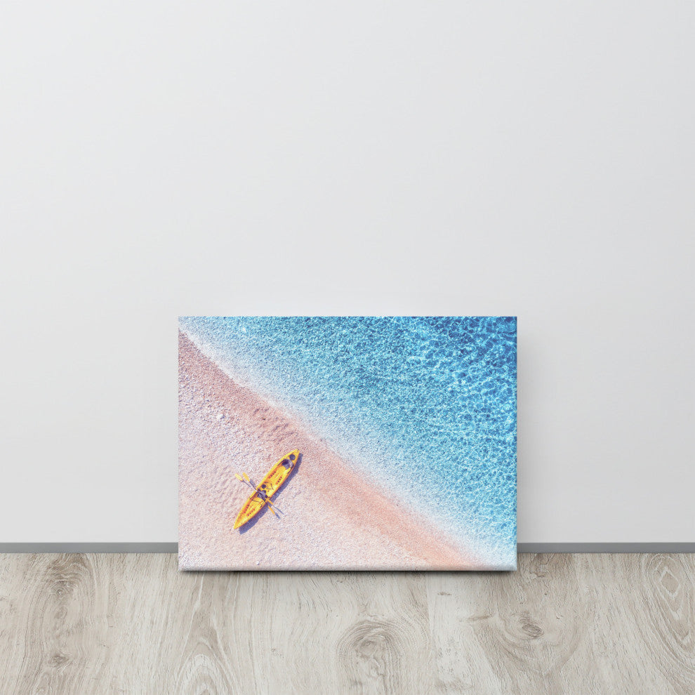 Yellow Canoe and Blue Sea by with Violet Glow Landscape Photo Canvas Art Print, 12" X 16"