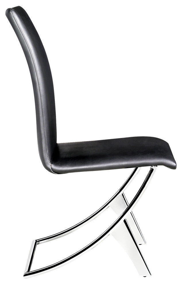Set of Two Contempo Slim Black Faux Leather and Stainless Dining Chairs