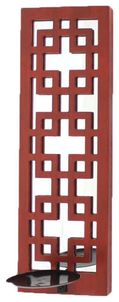 17" x 5" x 6" Red, Vintage Wood, Lattice Mirror Candle Holder Sconce