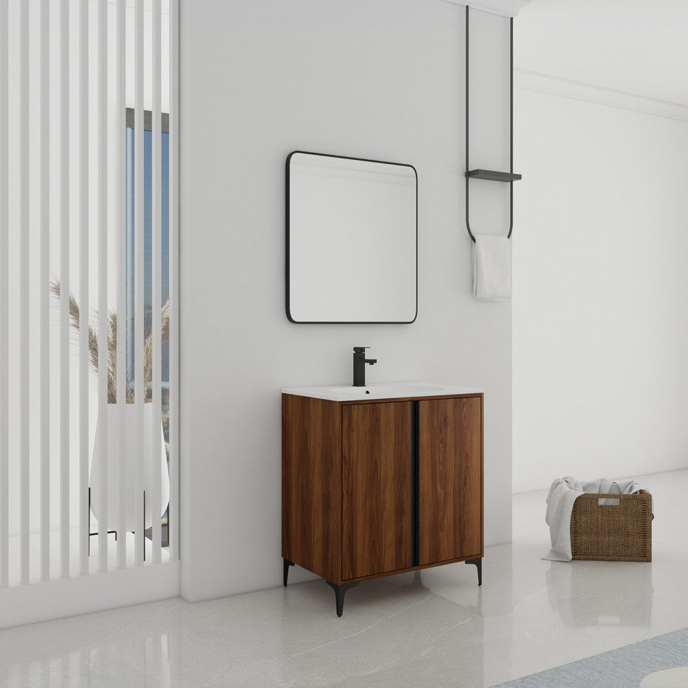 Single Vanity, Brown Walnut Finish With Solid Surface Resin White Sink, 30"