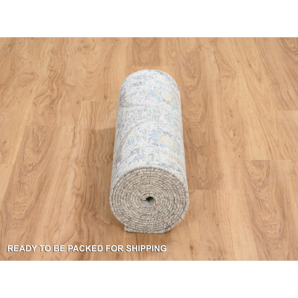 Ivory Silk With Wool Hand Knotted Sickle Leaf Design XL Runner Rug, 2'6"x18'1"