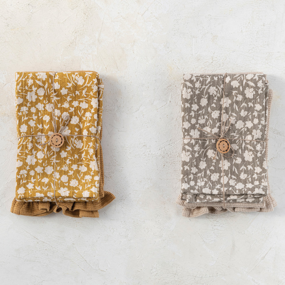 Cotton Tea Towel, Beautiful Flower Prints, Yellow, Grey, Set of 2
