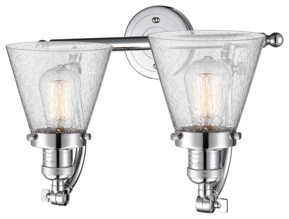 2-Light Small Cone 18" Bath Fixture, Polished Chrome, Glass: Seedy