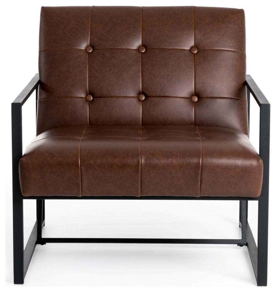 Modern Leatherette Accent Armchair With Black Metal Frame, Set of 2, Brown