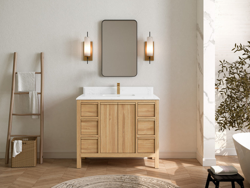 Elizabeth 42 Single Sink Bath Vanity in Light Natural Teak 1.5" Empira Quartz