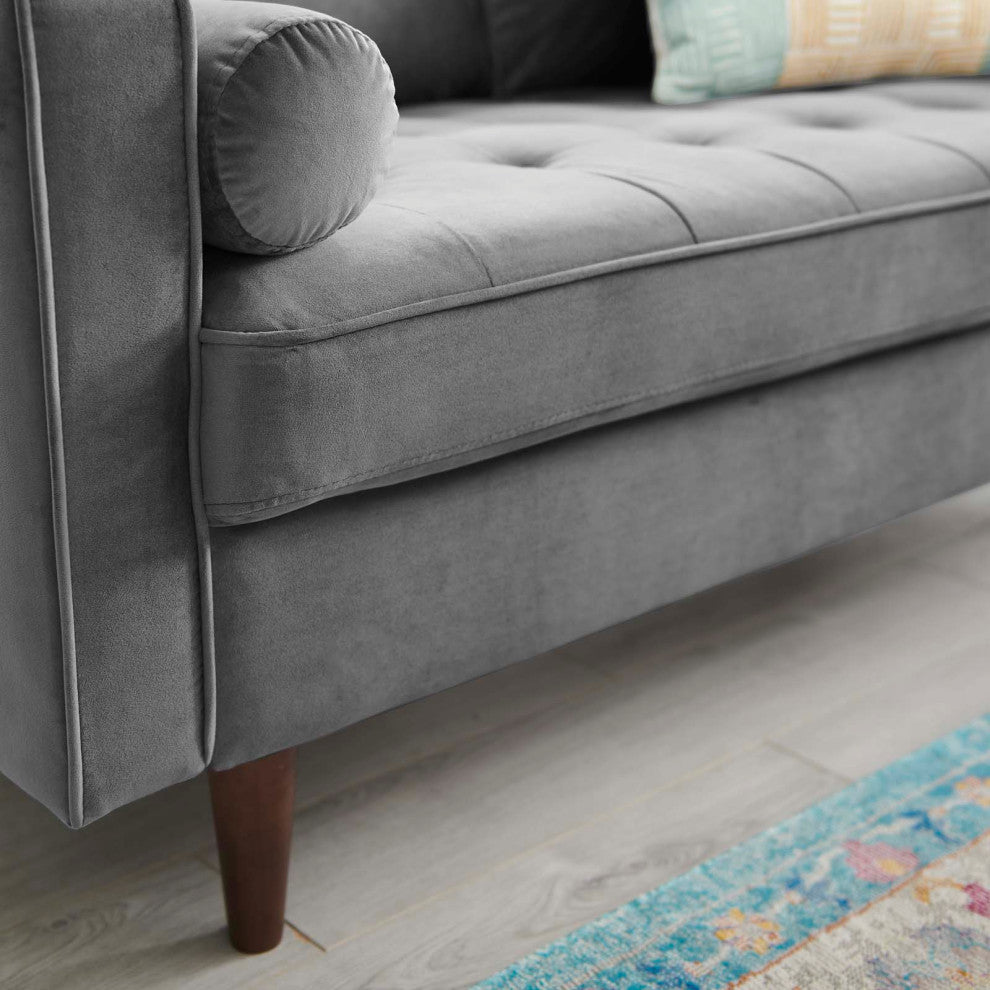 Loveseat Sofa, Velvet, Gray, Modern, Living Lounge Hotel Lobby Hospitality