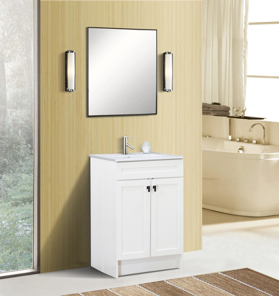 SmartFold 24" Single Sink Vanity, White With White Ceramic Top, Matte Black
