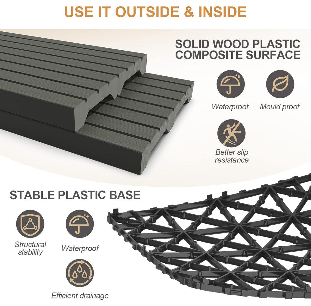 Wood Plastic Composite Interlocking Patio Deck Tiles, 12"x12" Waterproof Indoor, Dark Grey, Set of 21