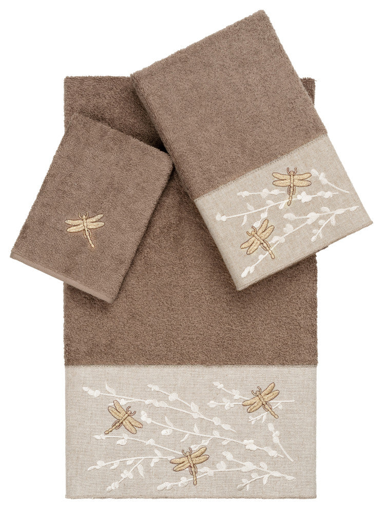 Linum Home Textiles Turkish Cotton Braelyn 3-Piece Embellished Towel Set, Latte