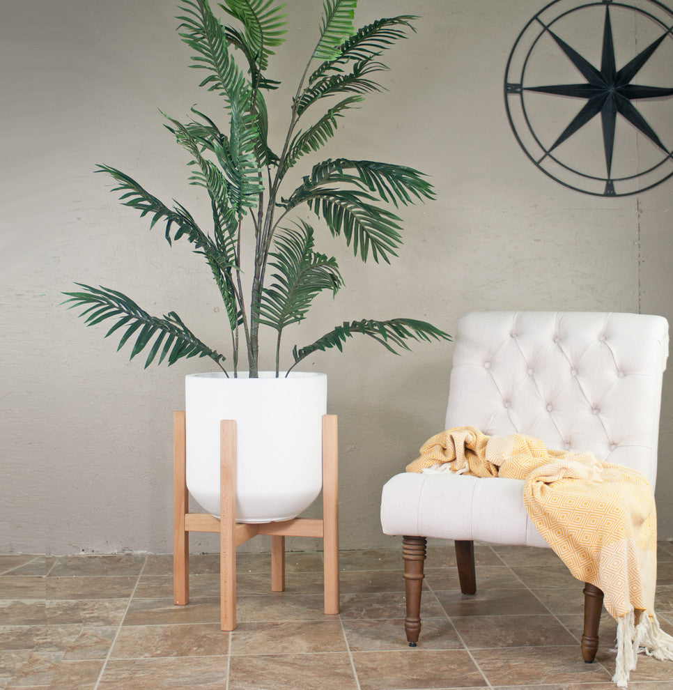 XX Large Fiber Clay Pot 16'' White With Wood Plant Stand Set Natural Color