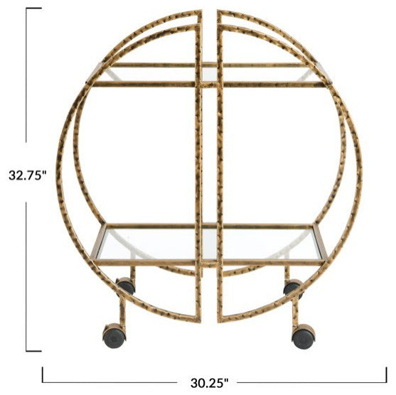 Modern Bar Cart, Unique Hammered Brass Finished Frame With 2 Glass Shelves