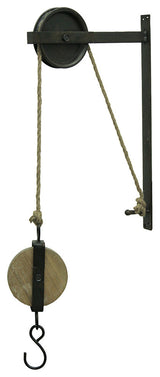 Rustic Vintage Style Metal and Wood Pulley and Hook Wall Hanging