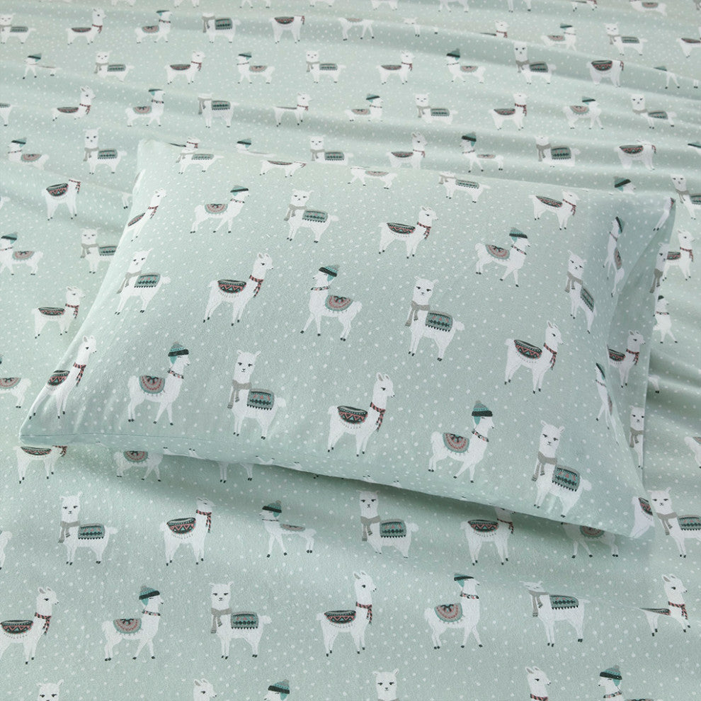 True North by Sleep Philosophy Cotton Flannel Kids Sheet Set, Green Llamas