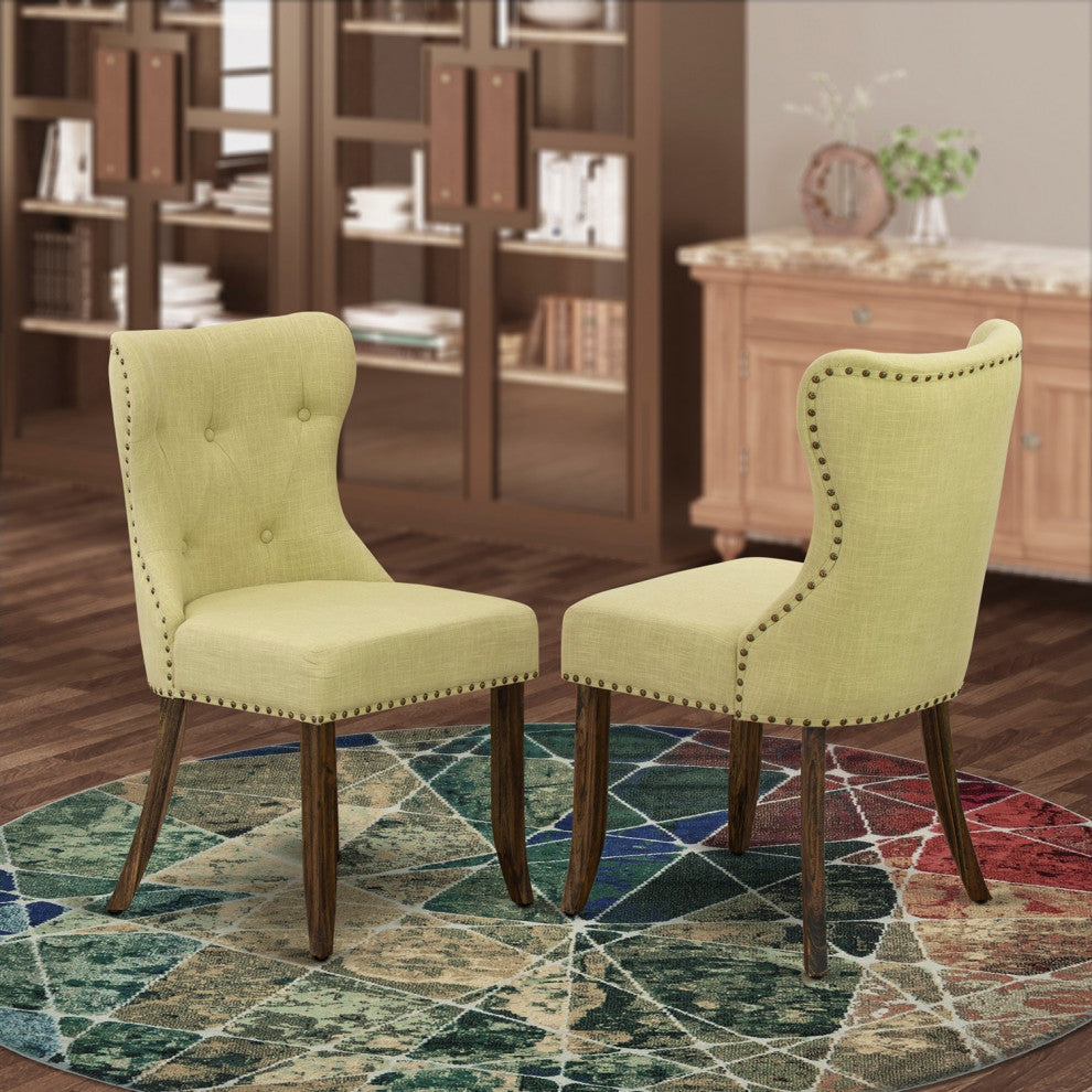 Set Of 2, Upholstered Chair, Distressed Jacobean Wooden Structure, Limelight