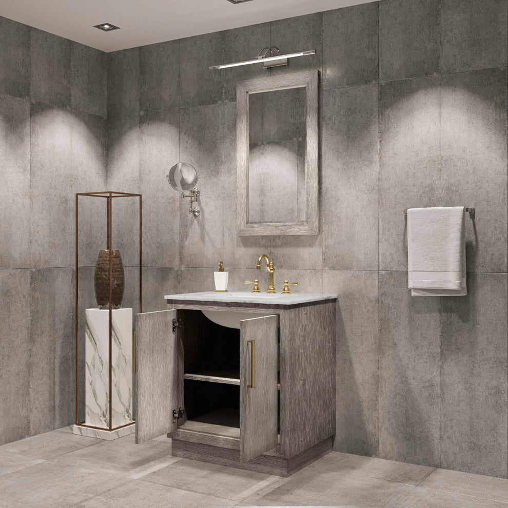 Hugo 30 Single Sink White Marble Countertop Vanity, Gray Oak With Mirror
